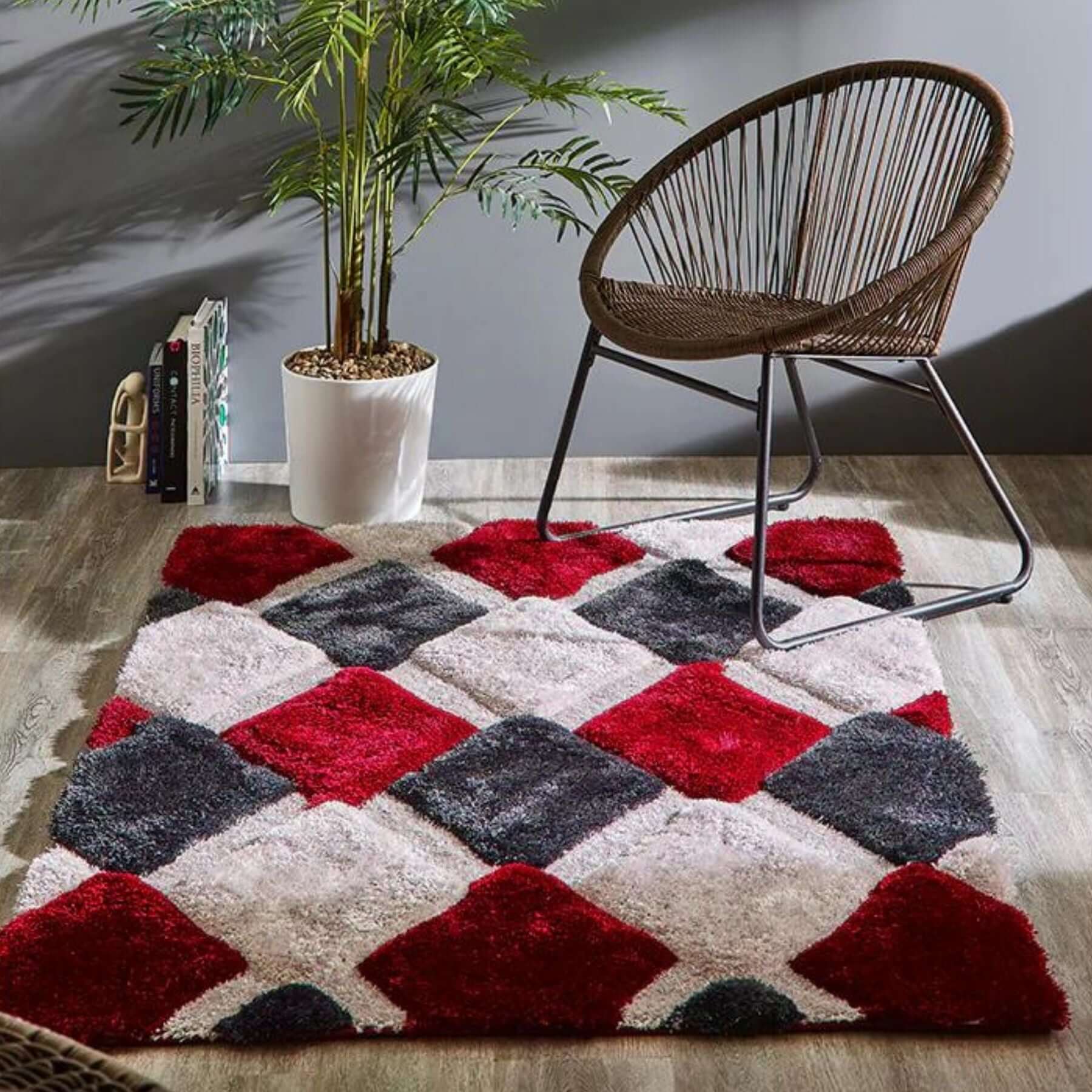 3D Red Geometric Shaggy Contemporary Rug