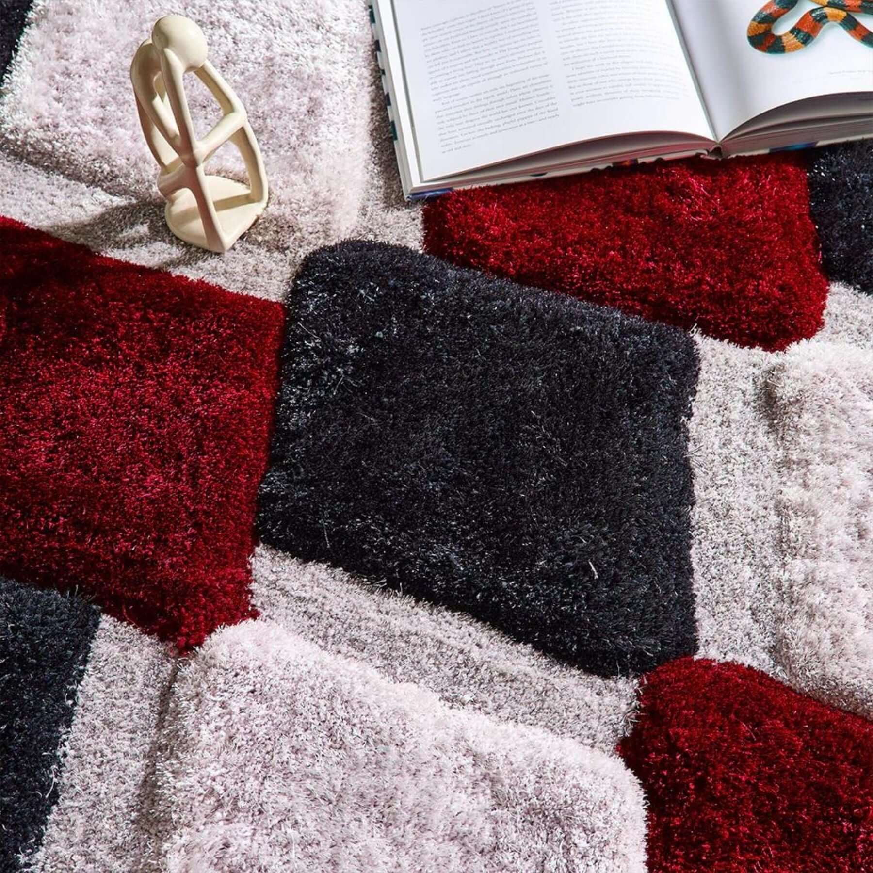 3D Red Geometric Shaggy Contemporary Rug