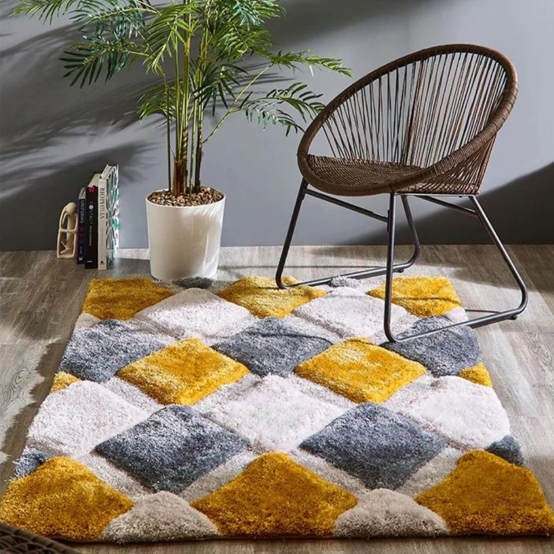3D Ochre Geometric Shaggy Contemporary Rug