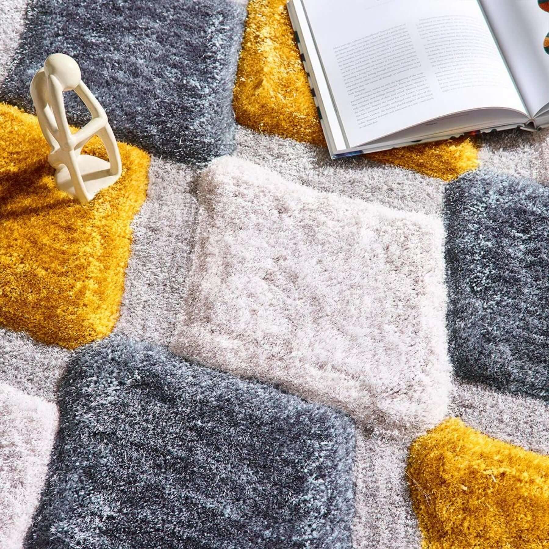 3D Ochre Geometric Shaggy Contemporary Rug