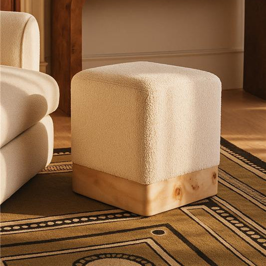 Mota Burl Wood & Cream Boucle Square Stool