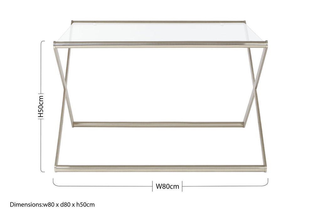 Tempered Glass Square Coffee Table With Criss Cross Satin Nickel Base, Roma