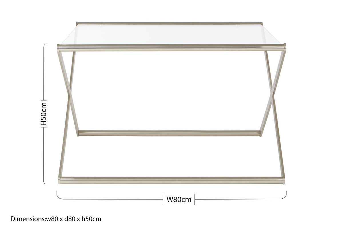Tempered Glass Square Coffee Table With Criss Cross Satin Nickel Base, Roma