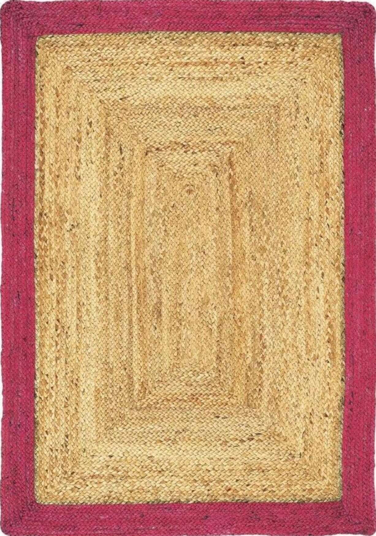 Bordered Raspberry Jute Natural Contemporary Rug