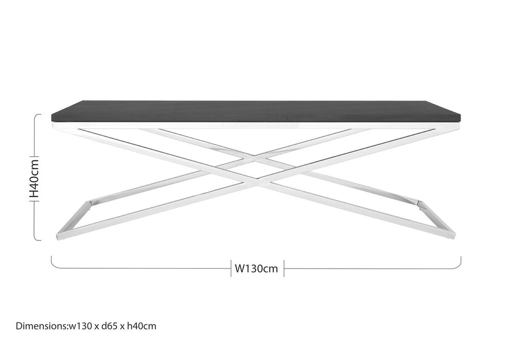 Black Coffee Table With Leather & Silver Crossed Steel Base, Tribute