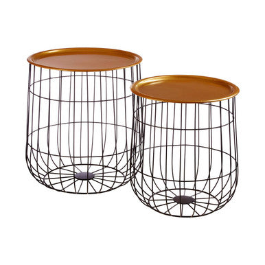Set Of 2 Brass Top & Black Metal Wire Frame Side Tables, Hege