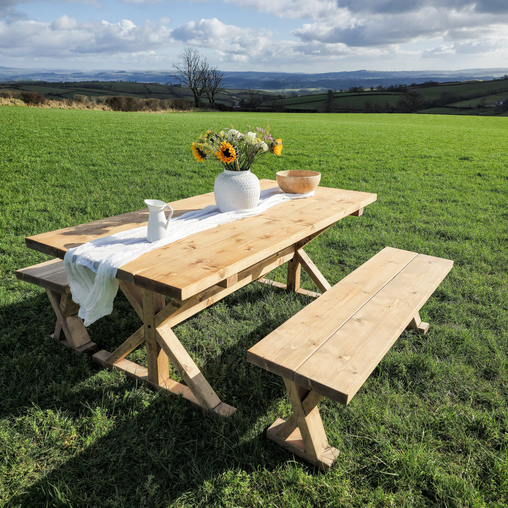 Outdoor Table With Timber Cross Legs and Bench