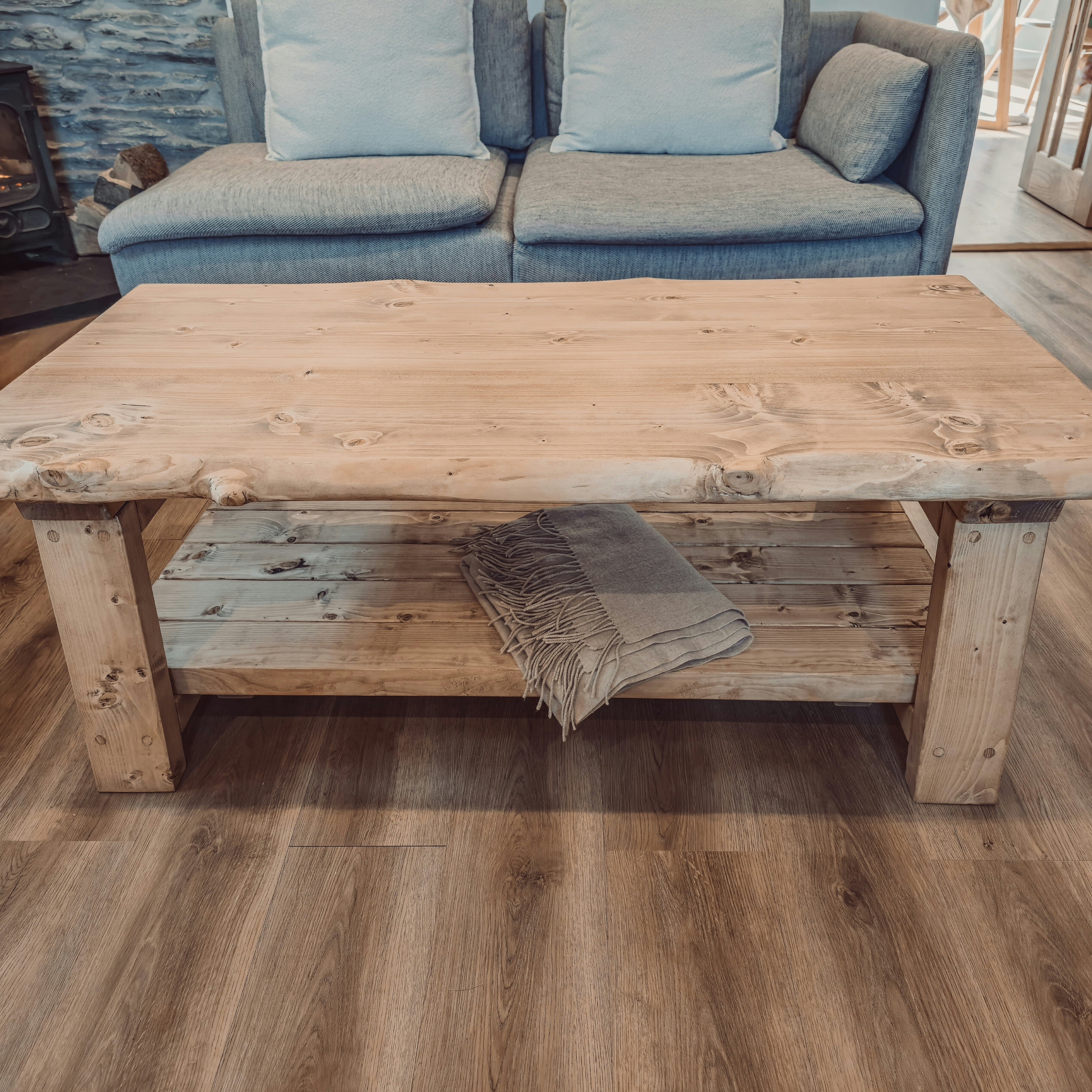 Cara Live Edge Rustic Wooden Coffee Table With Shelf