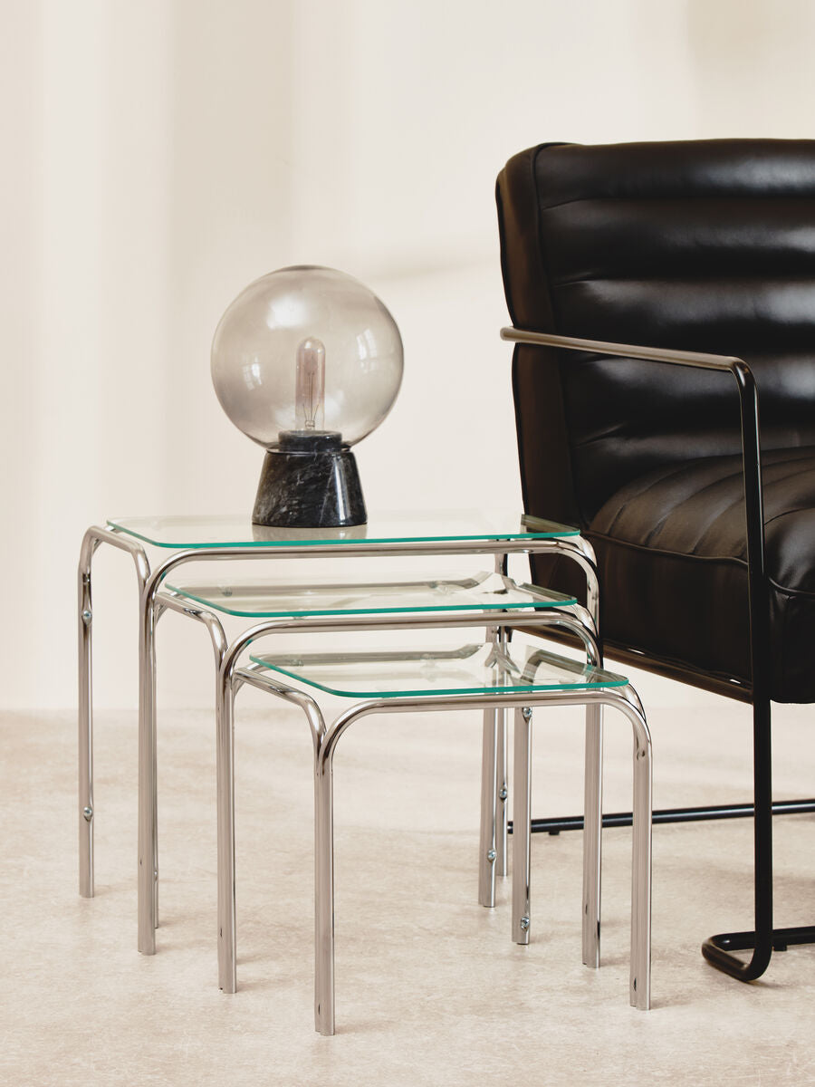 Silver Metal Frame & Clear Glass Top Nest Of 3 Tables, Jordan