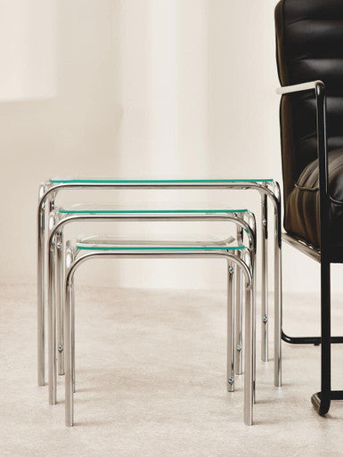 Silver Metal Frame & Clear Glass Top Nest Of 3 Tables, Jordan