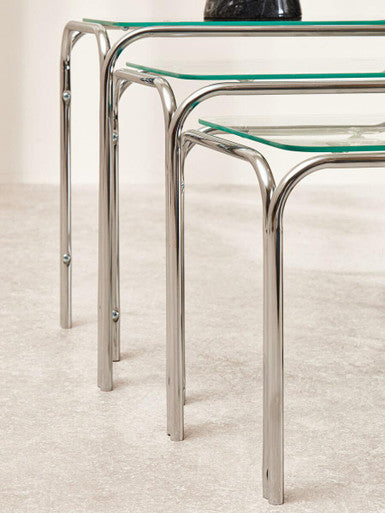 Silver Metal Frame & Clear Glass Top Nest Of 3 Tables, Jordan
