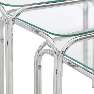 Silver Metal Frame & Clear Glass Top Nest Of 3 Tables, Jordan