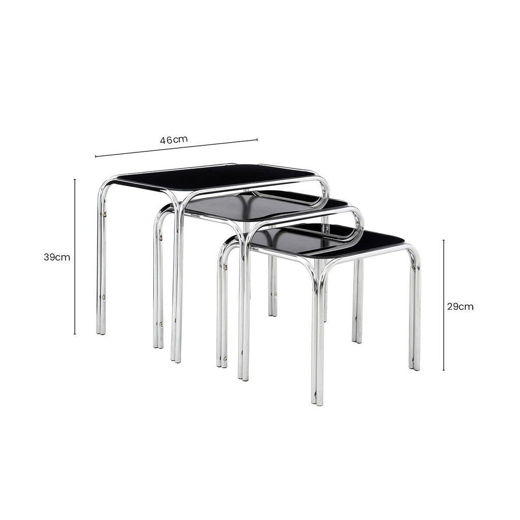 Set Of 3 Black Glass Top Nest Of Tables With Silver Metal Frame, Jordan