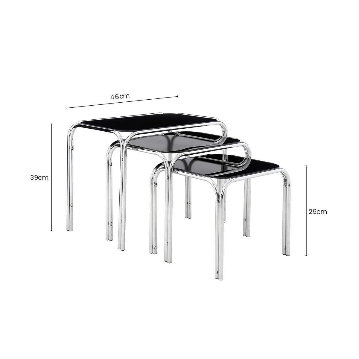 Set Of 3 Black Glass Top Nest Of Tables With Silver Metal Frame, Jordan