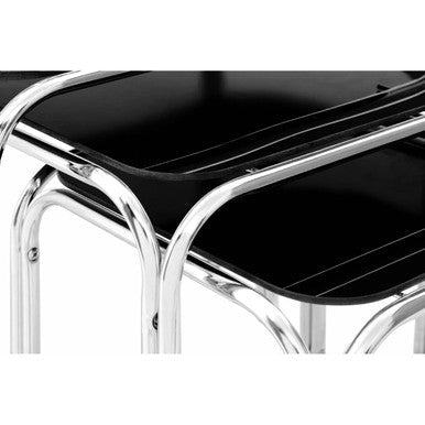 Set Of 3 Black Glass Top Nest Of Tables With Silver Metal Frame, Jordan
