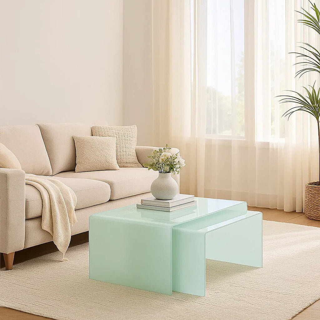 Nest Of 2 Aqua Green Curved Glass Coffee Tables, Cascade