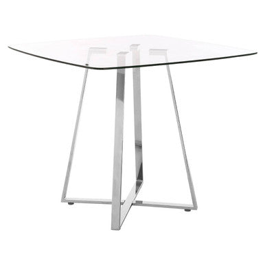 Clear Glass Square Dining Table With Silver Metal Base, Metropolitan