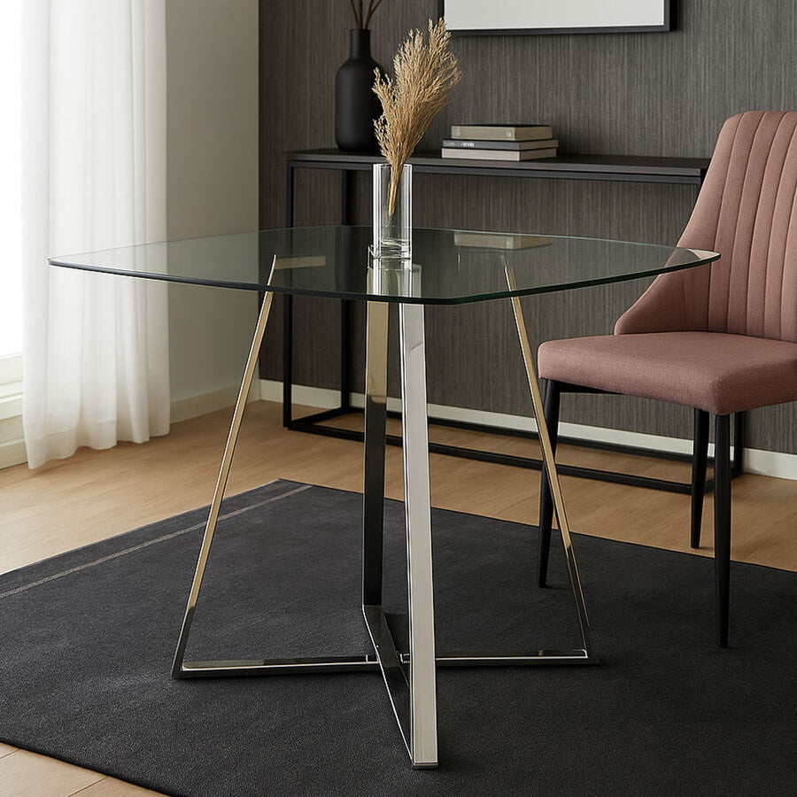 Clear Glass Square Dining Table With Silver Metal Base, Metropolitan