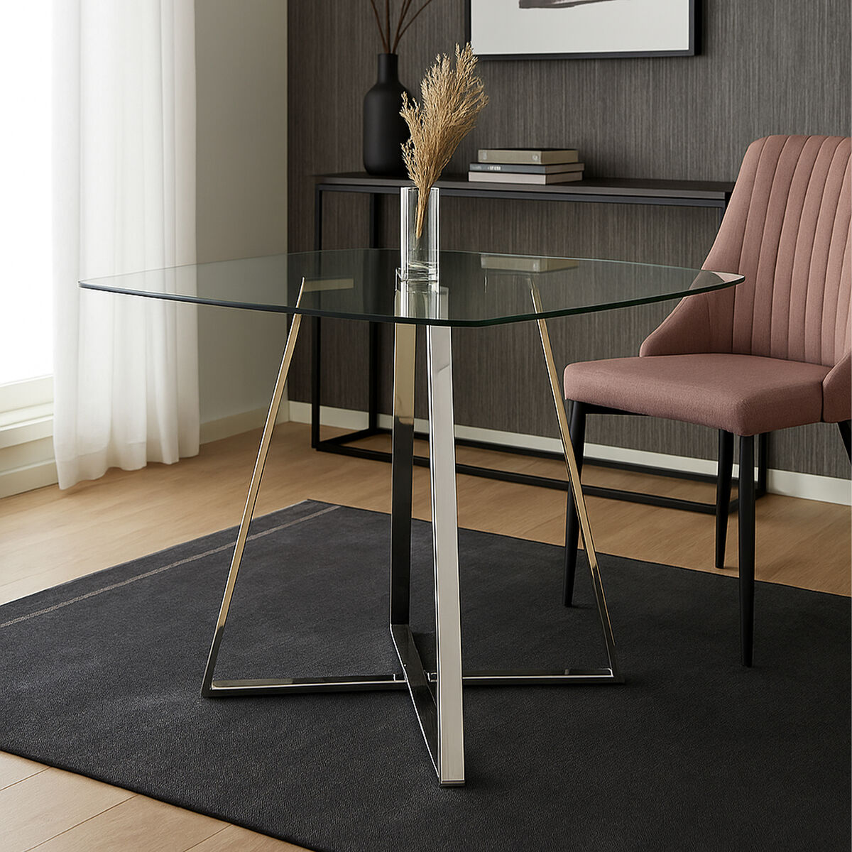 Clear Glass Square Dining Table With Silver Metal Base, Metropolitan