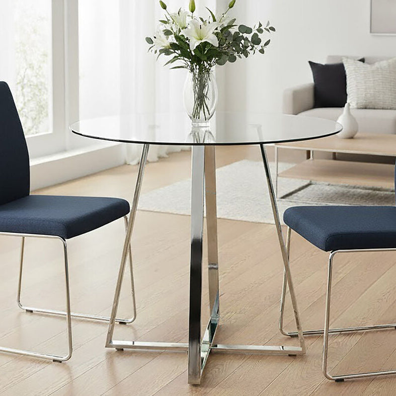 Silver Round Glass Top & Steel Frame Dining Table, Metropolitan