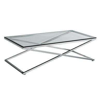 Clear Glass Top Coffee Table With Glistening Silver Stainless Steel Cross Base, Montril