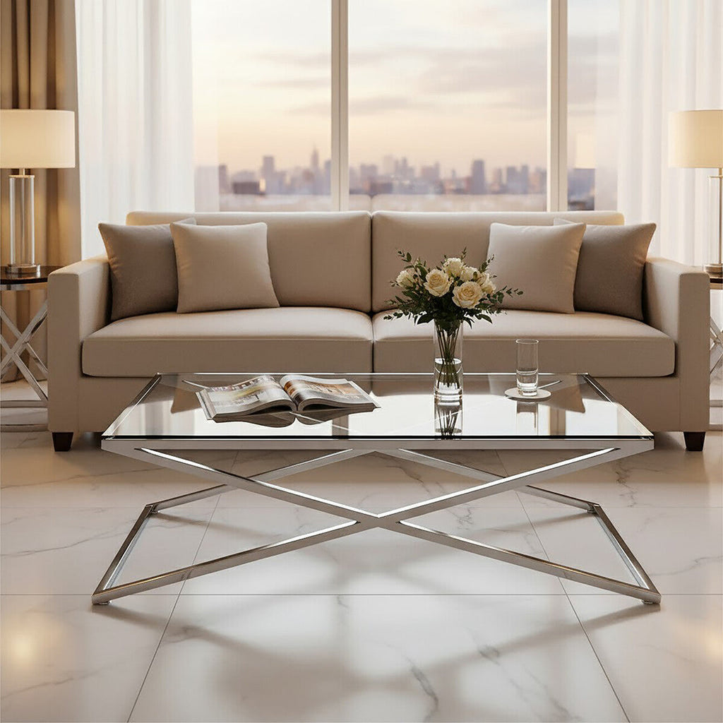 Clear Glass Top Coffee Table With Glistening Silver Stainless Steel Cross Base, Montril