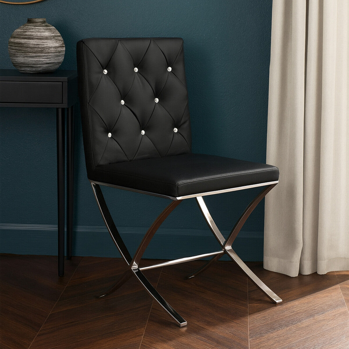 Diamante Black Leather Chair With Stainless Steel Cross Legs