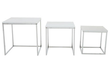 Matte White Top Nest Of 3 Tables With Chrome Frame, Fulton