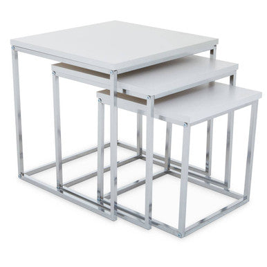 Matte White Top Nest Of 3 Tables With Chrome Frame, Fulton
