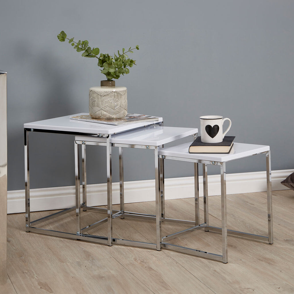 Matte White Top Nest Of 3 Tables With Chrome Frame, Fulton