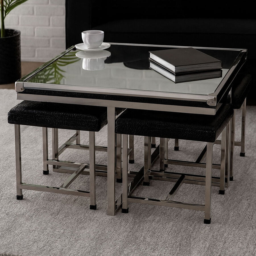Carla 5 Piece Crocodile Leather Coffee Table & Stool Set