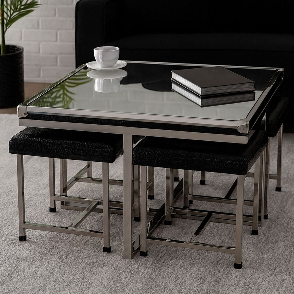Carla 5 Piece Crocodile Leather Coffee Table & Stool Set