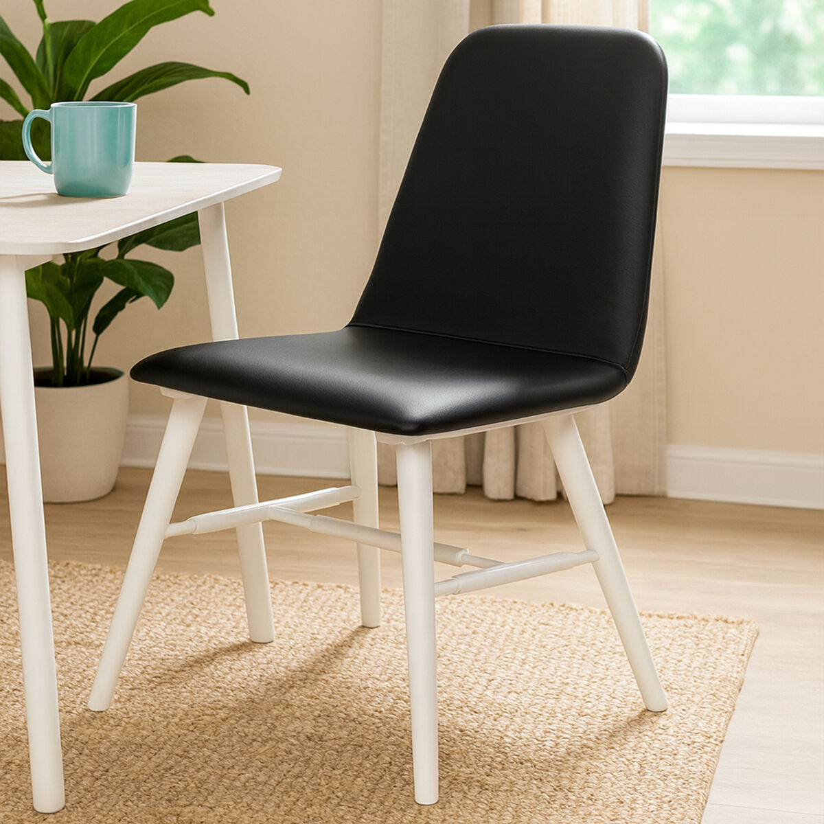 Cassy Black Leather Dining Chair With White Legs