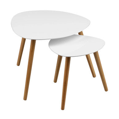 White High Gloss Top Nest Of 2 Tables With Natural Wood Legs, Nostra