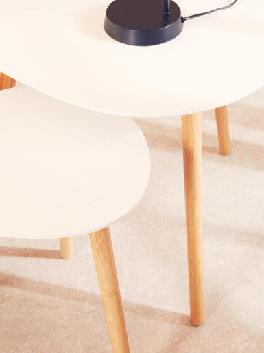 White High Gloss Top Nest Of 2 Tables With Natural Wood Legs, Nostra