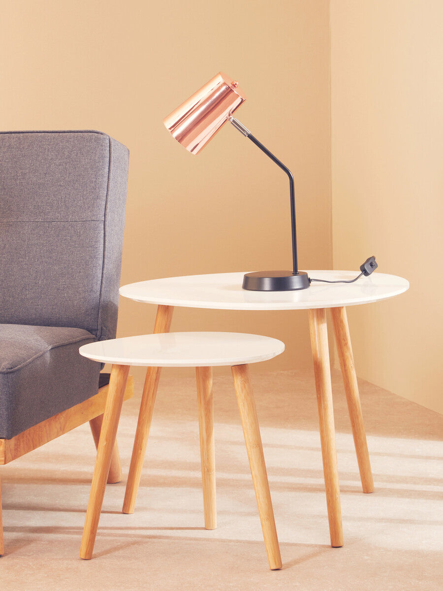 White High Gloss Top Nest Of 2 Tables With Natural Wood Legs, Nostra