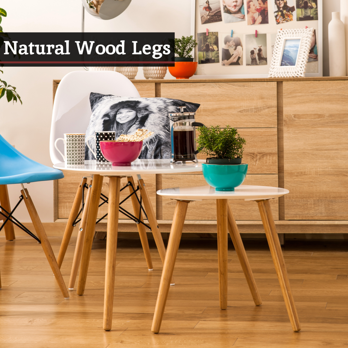 White High Gloss Top Nest Of 2 Tables With Natural Wood Legs, Nostra