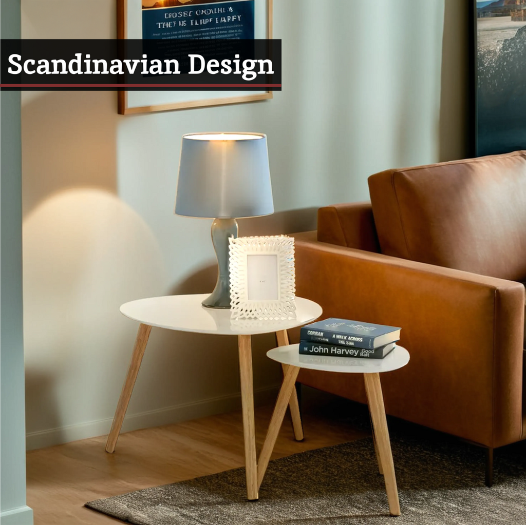 White High Gloss Top Nest Of 2 Tables With Natural Wood Legs, Nostra