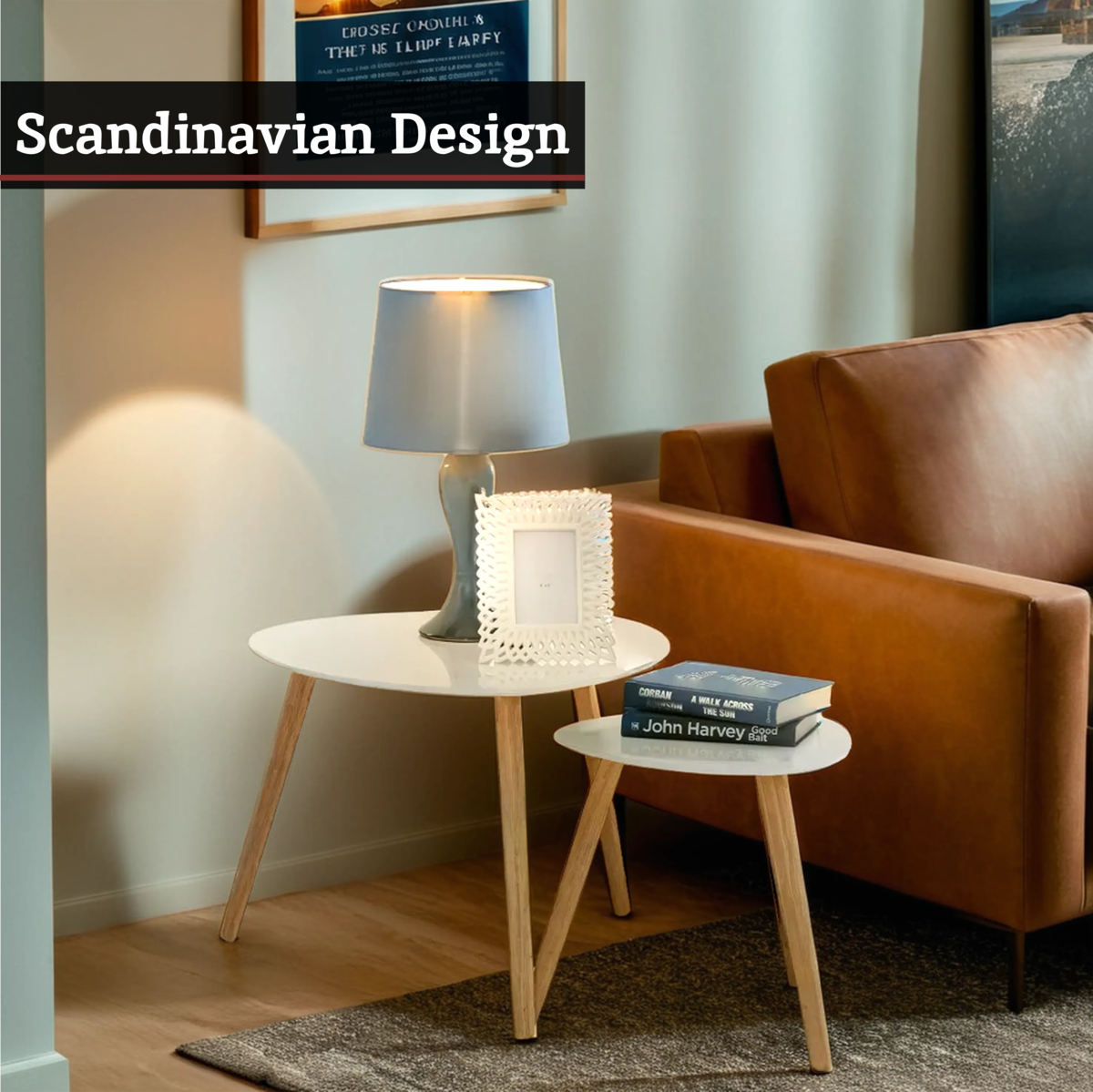 White High Gloss Top Nest Of 2 Tables With Natural Wood Legs, Nostra