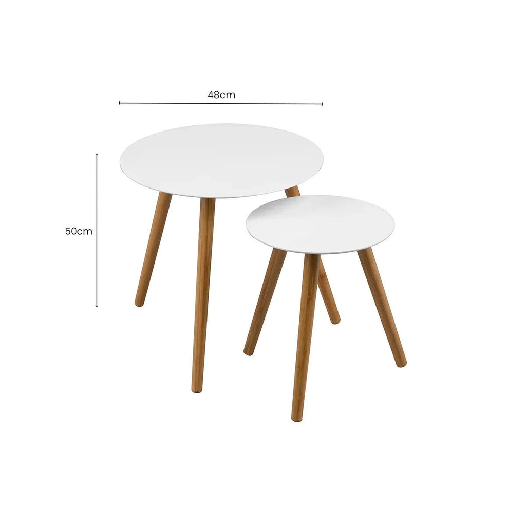 White High Gloss Round Top Nest Of 2 Tables With Natural Wood Legs, Nostra