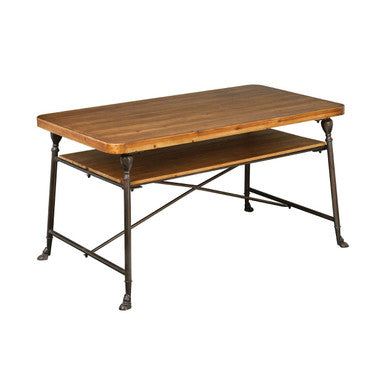 Natural Fir Wood Top Industrial Dining Table With Lower Shelf & Black Metallic Legs, Foundry