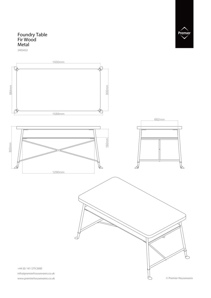 Natural Fir Wood Top Industrial Dining Table With Lower Shelf & Black Metallic Legs, Foundry