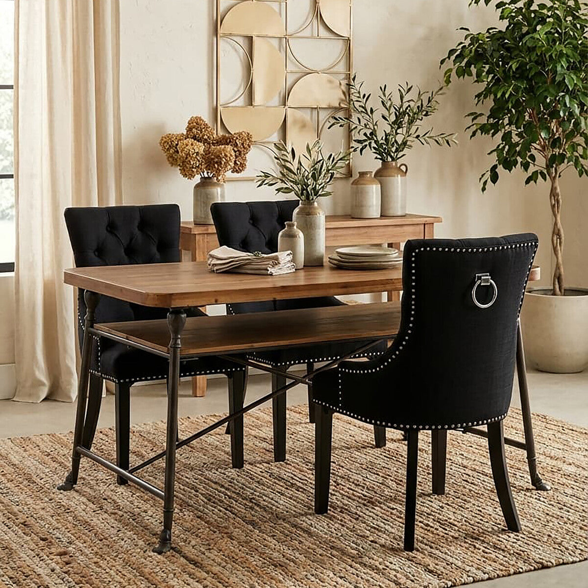 Natural Fir Wood Top Industrial Dining Table With Lower Shelf & Black Metallic Legs, Foundry