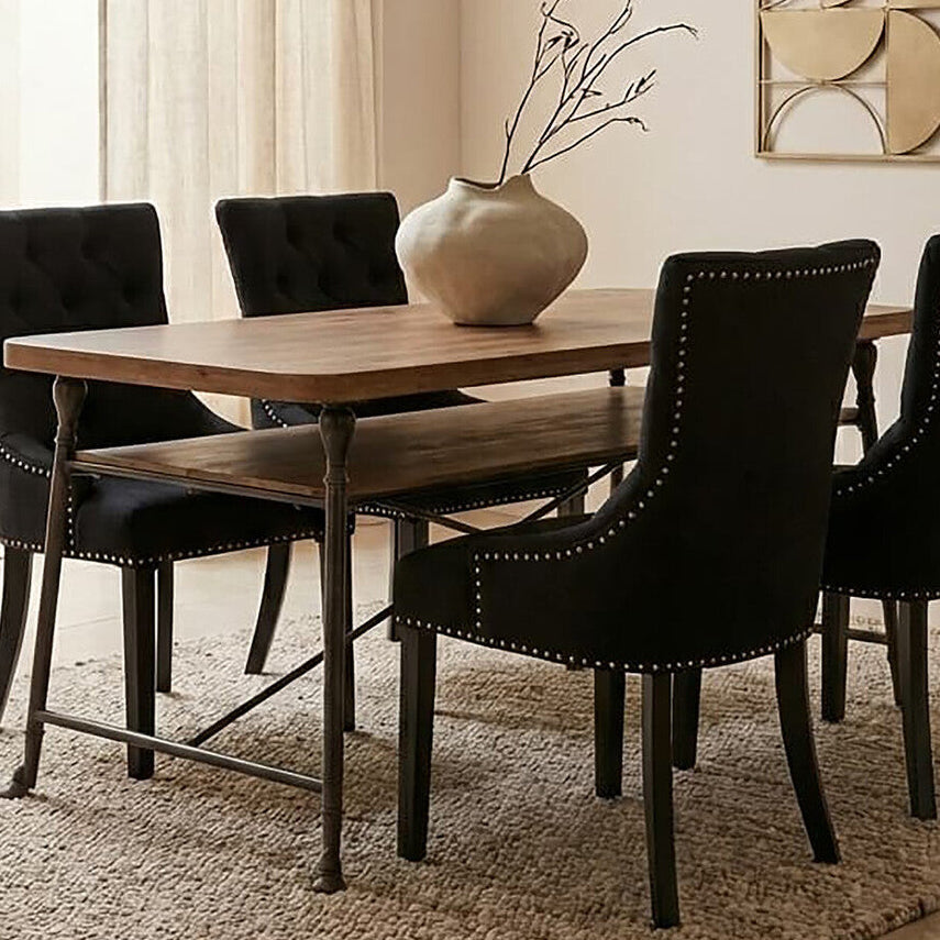Natural Fir Wood Top Industrial Dining Table With Lower Shelf & Black Metallic Legs, Foundry