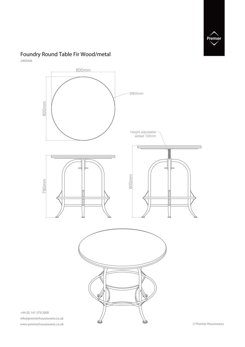 Fir Wood Top Height Adjustable Round Side Table With Industrial Metal Base, Foundry