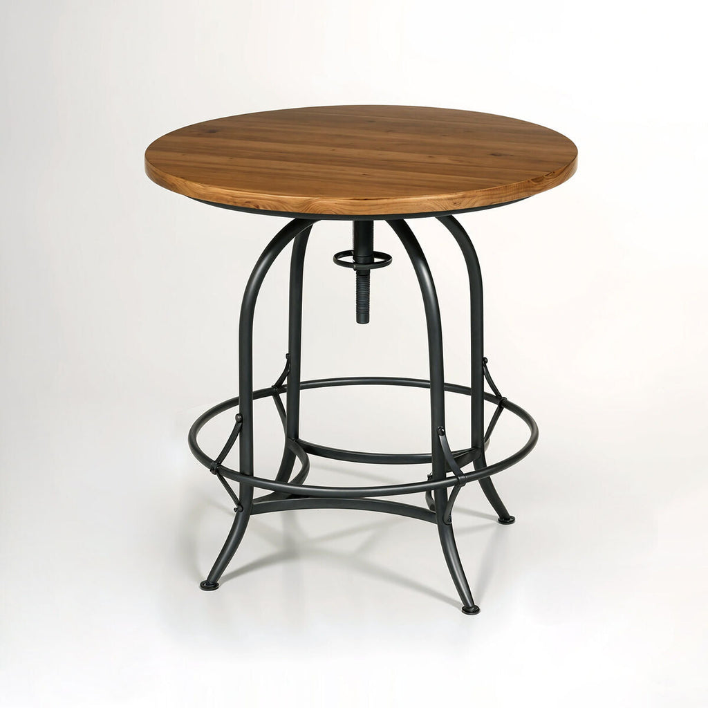Fir Wood Top Height Adjustable Round Side Table With Industrial Metal Base, Foundry