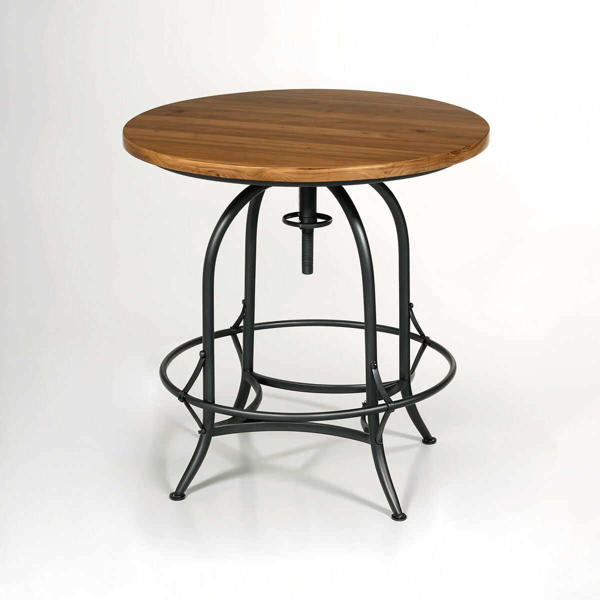 Fir Wood Top Height Adjustable Round Side Table With Industrial Metal Base, Foundry