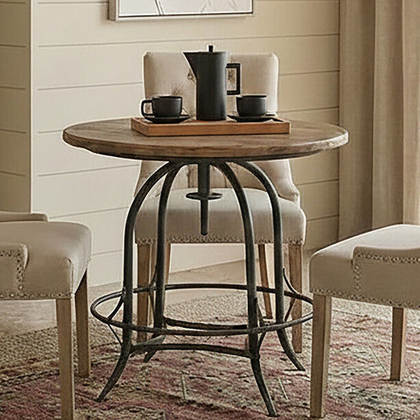 Fir Wood Top Height Adjustable Round Side Table With Industrial Metal Base, Foundry