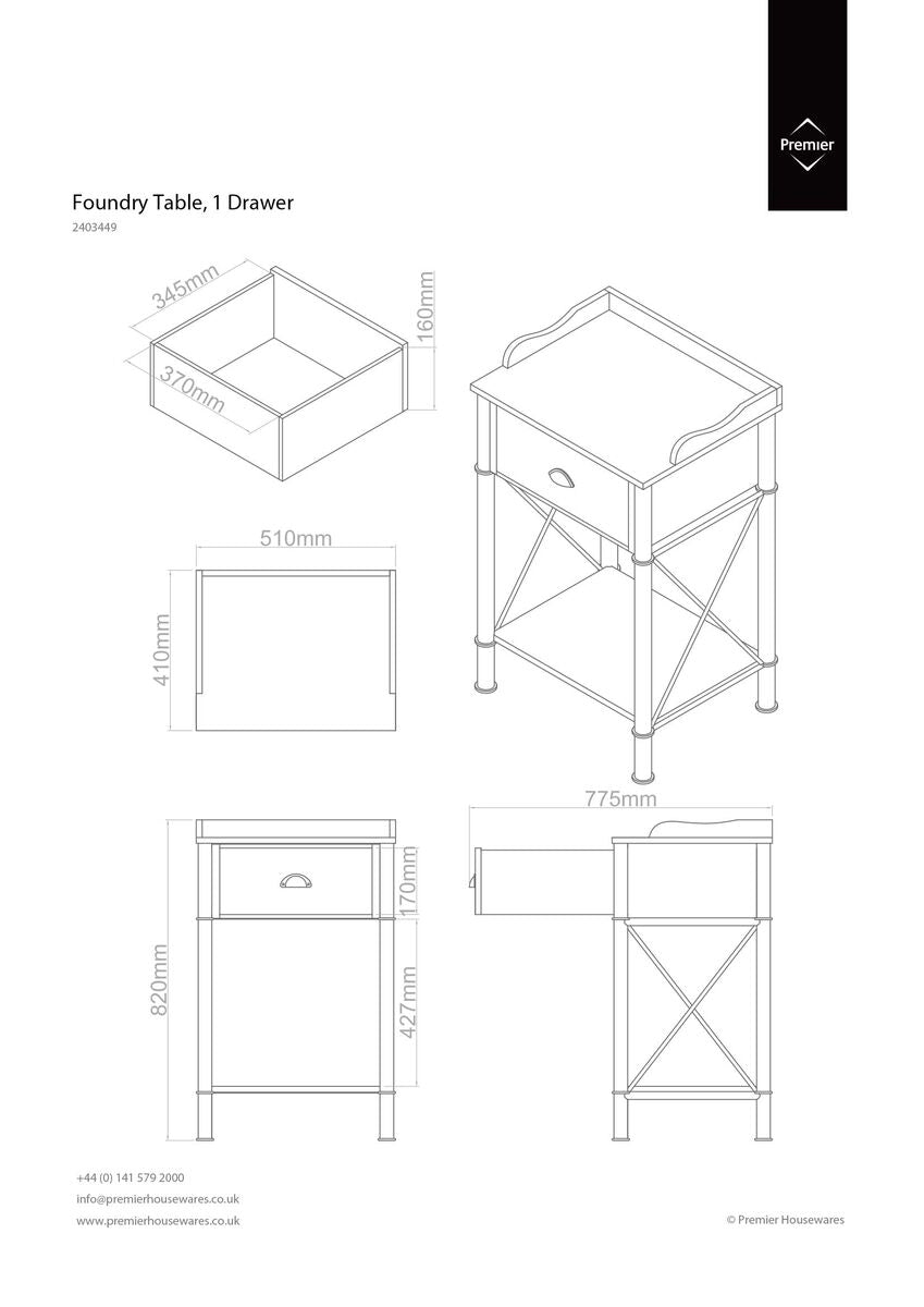 Industrial Metal Frame 1-Drawer Side Table With Natural Wood Grain Top, Foundry
