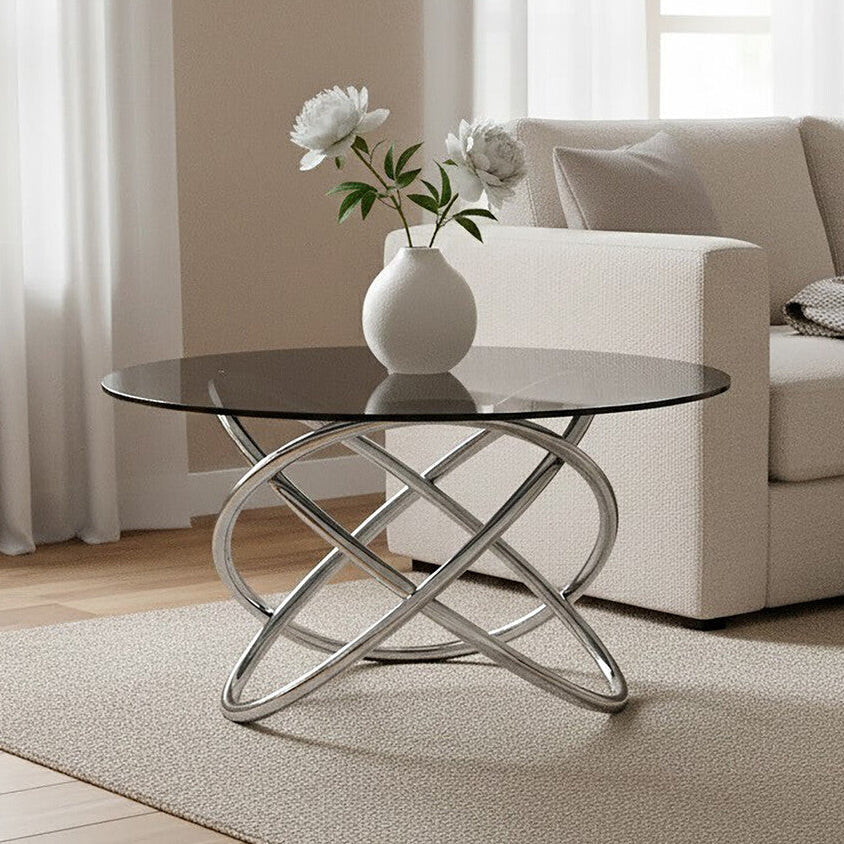Smoked Glass Top & Silver Steel Frame Side Table, Cassy